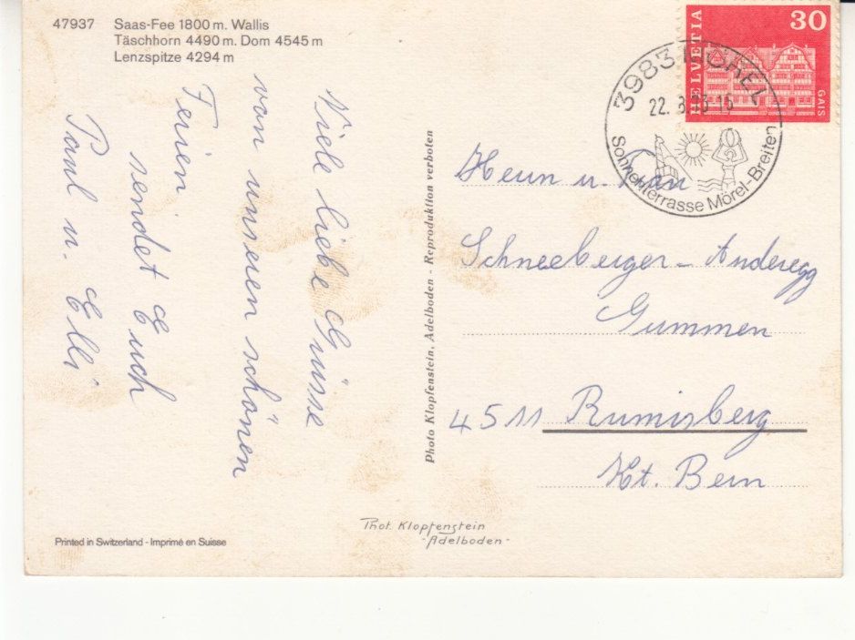 Cartoline postali: Saas Fee 1973 – Usato da Bürglen TG venduto da StampGraf 1