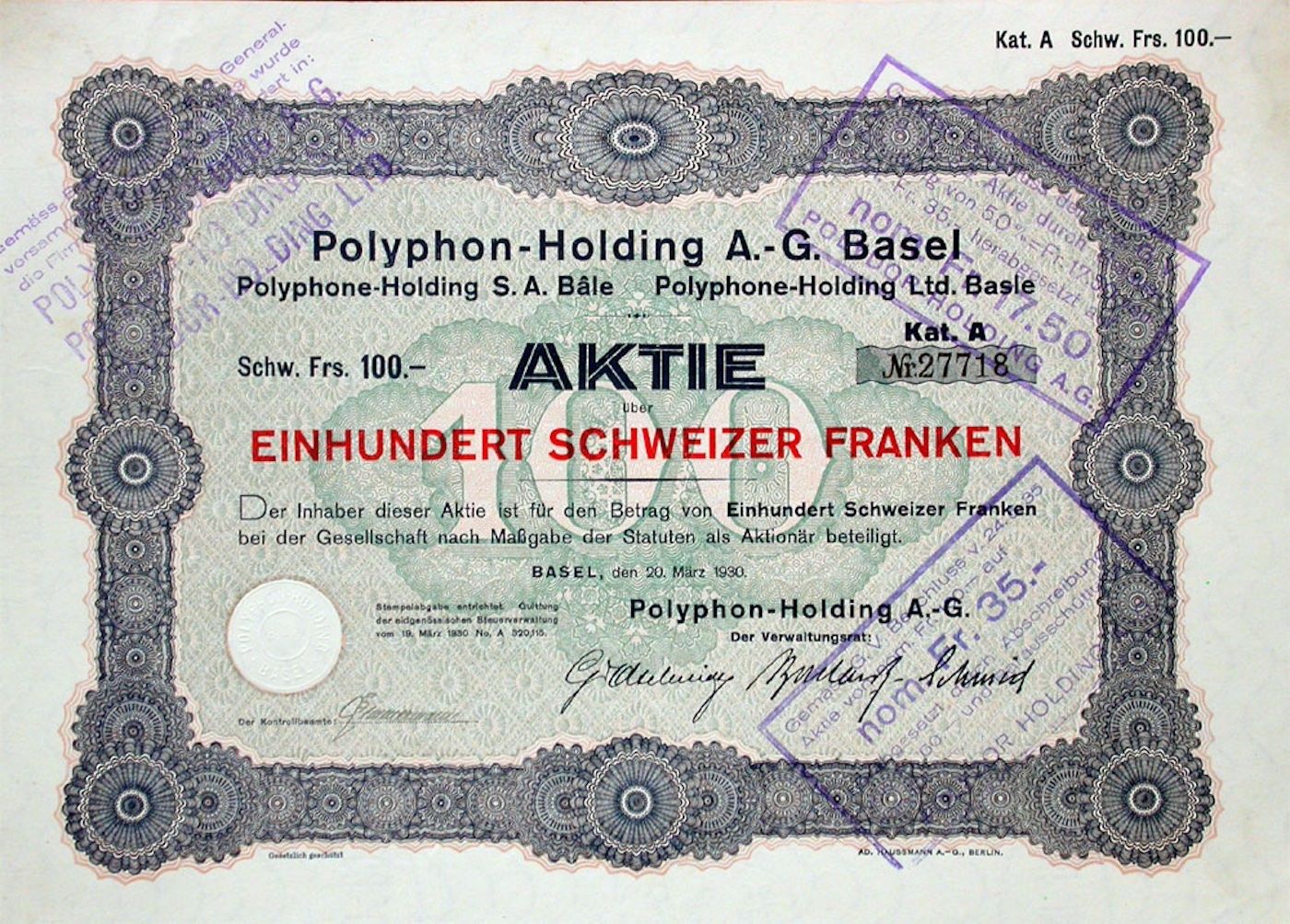 Documenti: Polyphon-Holding AG, Basel - 1930 – Usato da Solothurn venduto da Sgasche