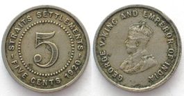 STRAITS SETTLEMENTS 5 Cents 1920 GEORGE V. Ku-Ni