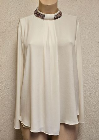ZARA BASIC Damen Bluse Cremeweiß Mit Schmuckkragen Elegant G