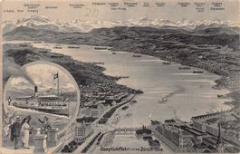 Vogelschau-AK: Dampfschiffahrt Zürich-See, gelaufen 1910