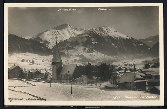 Cartoline postali: Saanen, Ortsansicht mit Kirche, Giffernh – Usato da Berlin venduto da bartko-reher