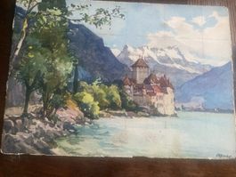 Alte Postkarte Schloss Chillon am Genfersee, Marc sign.