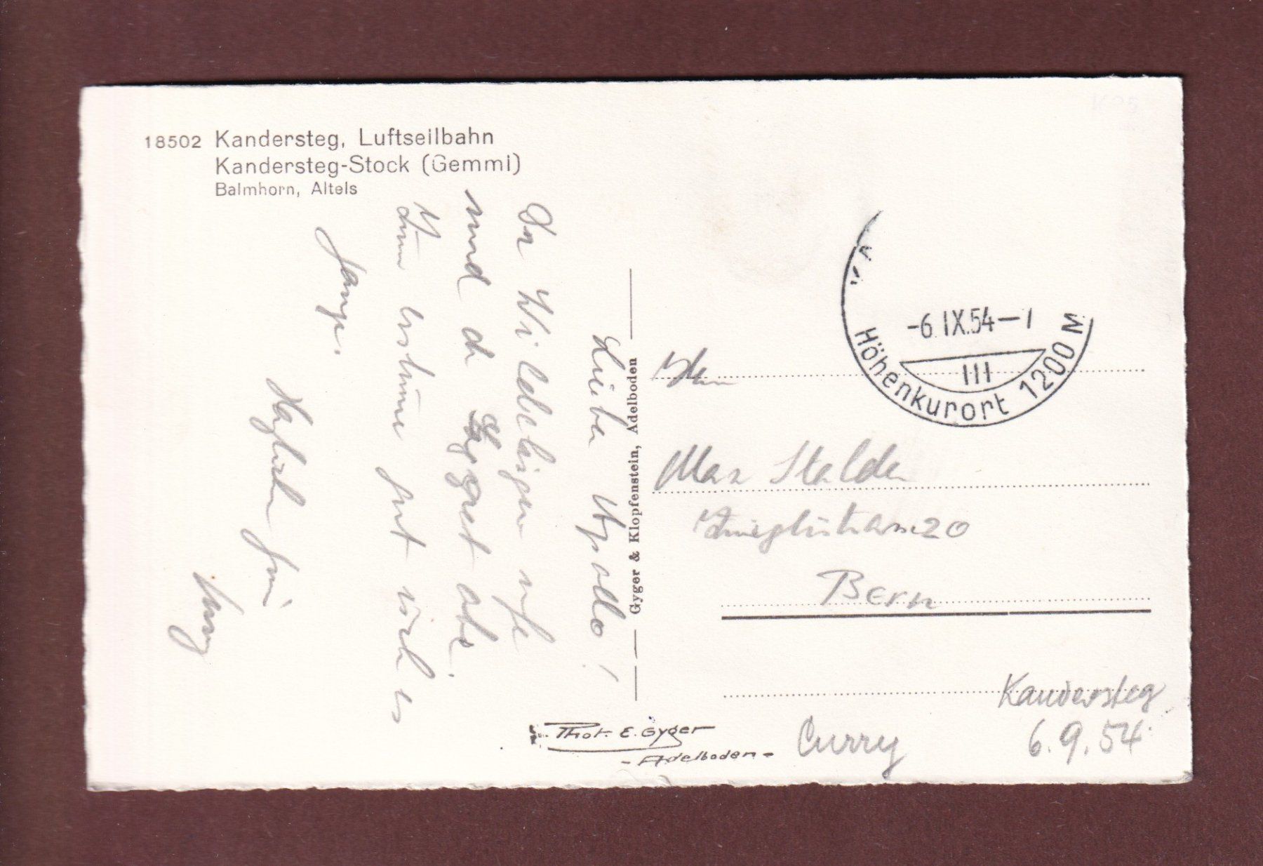Ansichtskarten: Luftseilbahn KANDERSTEG-STOCK - 1954 – Gebraucht aus Pully von nicecards-shop 1