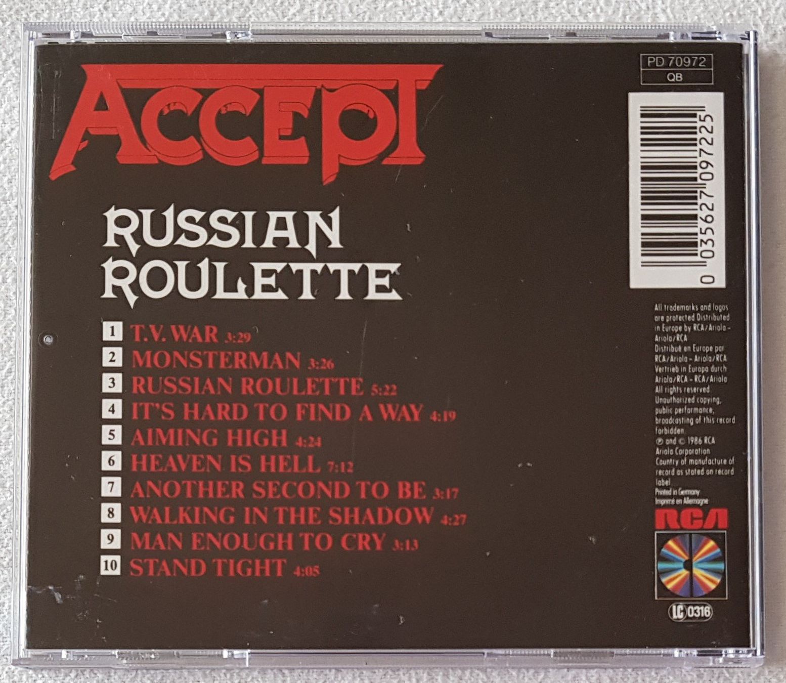 CD: Accept ‎– Russian Roulette - CD - 1986 - First Press - RCA ‎ – Usato da Uster venduto da Zardodel 1