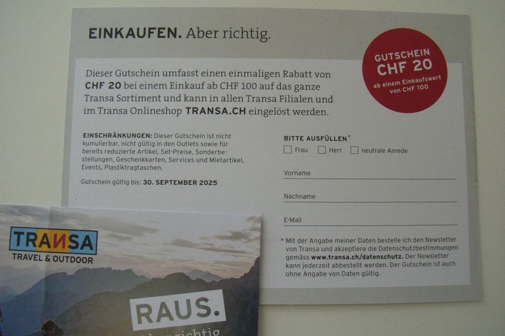 TRANSA CHF 20 Gutscheincode gültig bis 30.09.2025 (Neu und ...