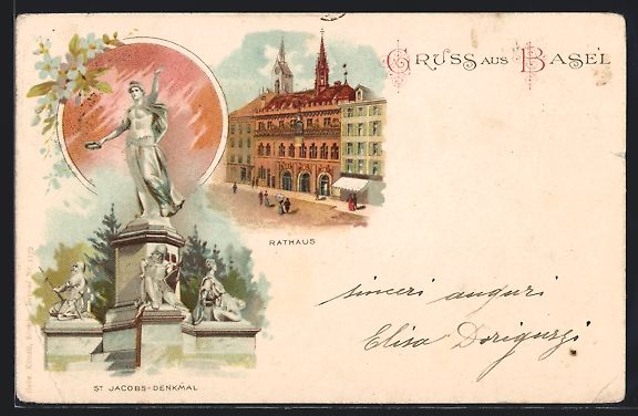Ansichtskarten: Litho Basel, Rathaus und Jacobs-Denkmal – Gebraucht aus Berlin von bartko-reher