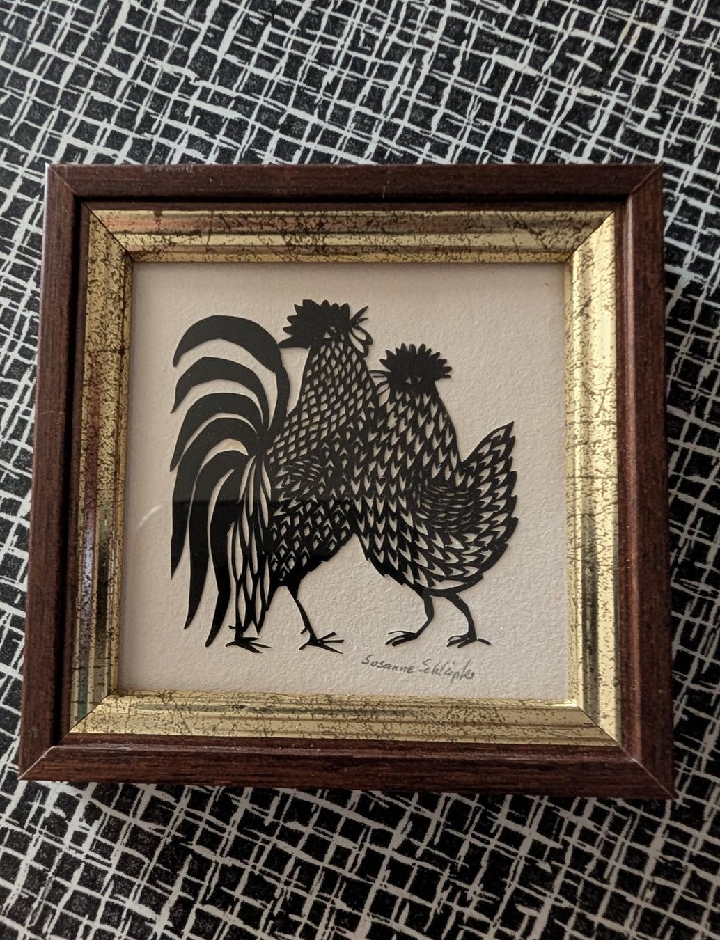 Grafiken & Lithographien: Scherenschnitt Hahn Henne 7x7cm – Gebraucht aus Nänikon von Haexli_70