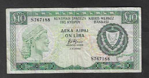 Banconote: Cyprus  10  Pounds  1985  Gebraucht – Usato da Gordola venduto da coinsandnotes 1