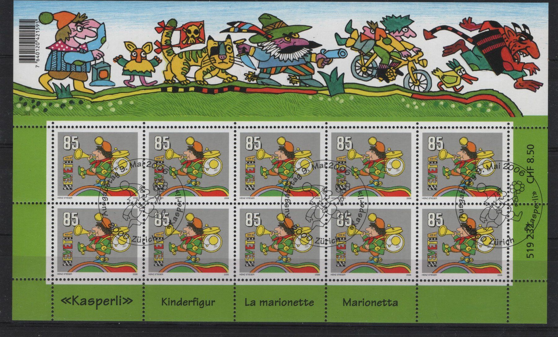 Alle Briefmarken: ET Gest. Sonderm. Nr.1205 Kasperli / Kleinbogen zu 10 Mark. – Gebraucht aus Gordola von tist