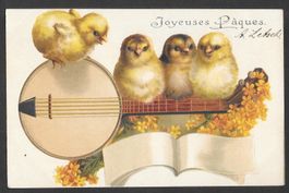 Osternkarte Joyeuses Pâques Prägekarte Küken, Mandoline