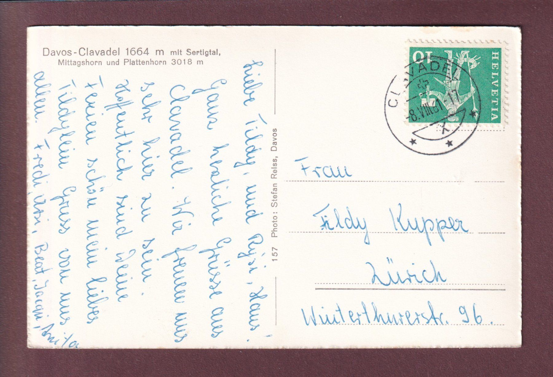 Cartoline postali: DAVOS-CLAVADEL - Sertigtal - 1961 – Usato da Pully venduto da nicecards 1