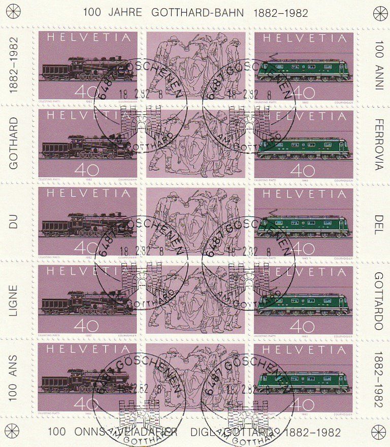 Alle Briefmarken: 100 Jahre Gotthard 1982, 3 Kleinbogen div. Sodersempel – Gebraucht aus Aarburg von Aare10 3