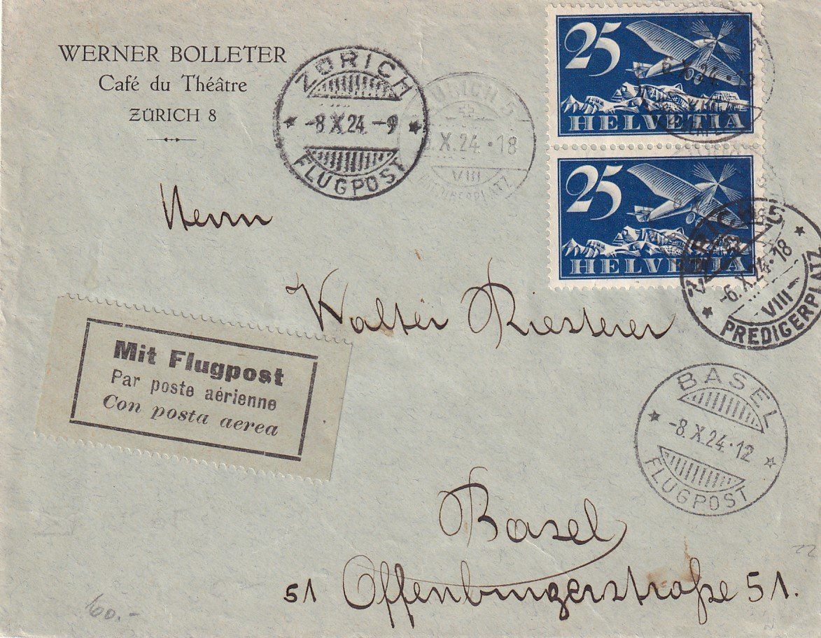 Tutti i francobolli: Bedarfs-Flugpost Zürich - Basel 1924 – Usato da Baar venduto da Asmara111