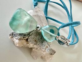 Fluorit Unikat Anhänger 7cm Bergkristall Murano-Herz Silber