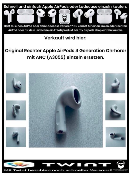 Original Apple AirPods 4 Gen. Rechter mit ANC A3055 Einzeln (Neu ...