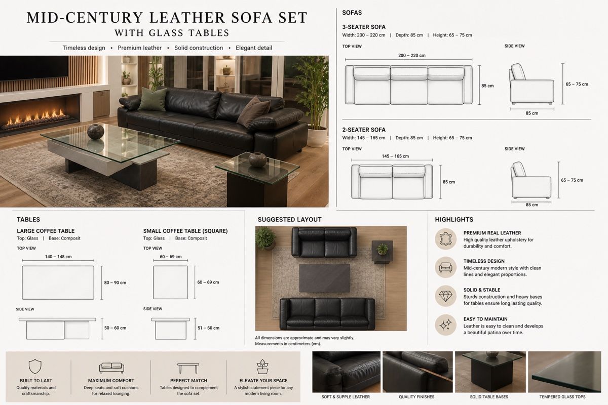 Divani: Echtleder Sofa-Set mit Tischen im Mid-Century-Modern-Stil – Usato da Unterägeri venduto da JesperR 3