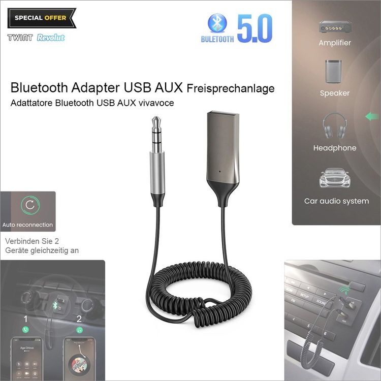 Bluetooth 5.0 AUX Adapter für Auto Freisprechanlage Handy