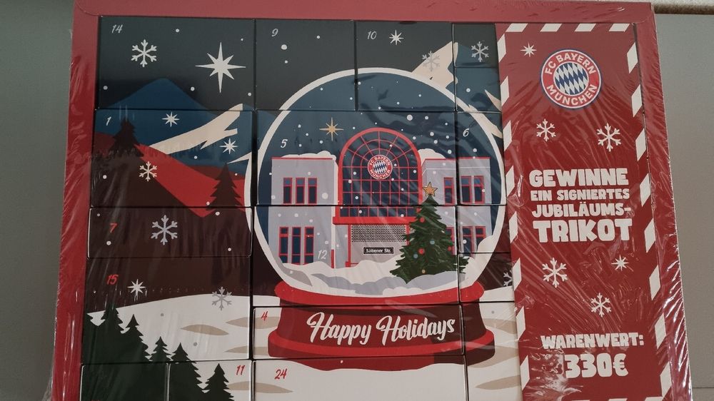 FC Bayern München Schokoadventskalender – Mit 24 Pralinen, 7 Autogrammkarten, Poster & 5€ Gutschein, Inkl. Gewinnspiel