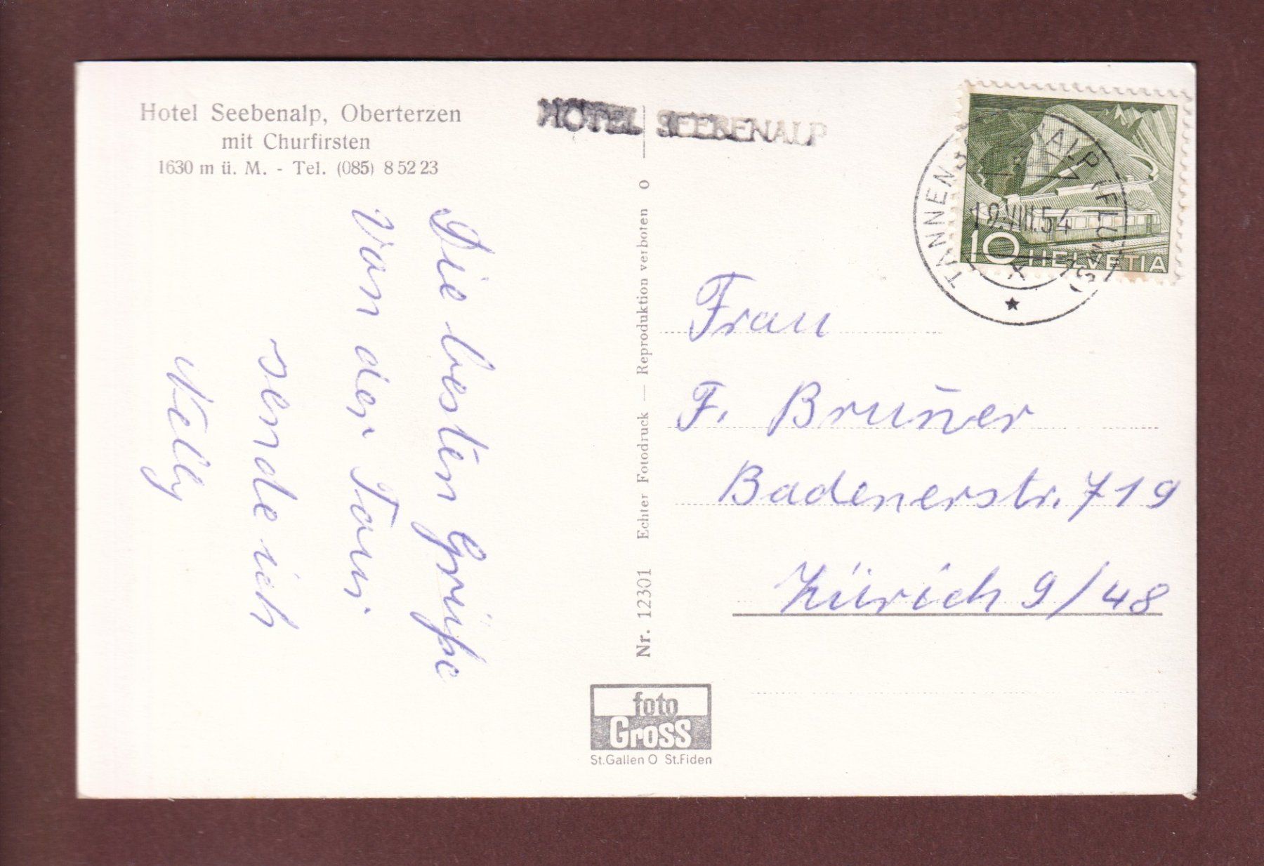 Cartoline postali: OBERTERZEN - Hotel Seebenalp - 1954 – Usato da Pully venduto da nicecards-shop 1
