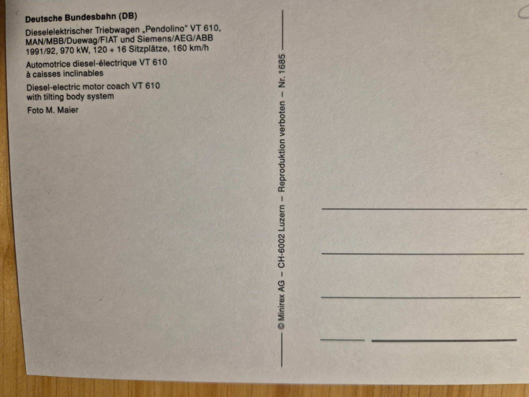Cartoline postali: DB - Deutsche Bundesbahn : "Pendolino" VT 610 – Nuovo (secondo la descrizione) da St-Léonard venduto da thipif 1