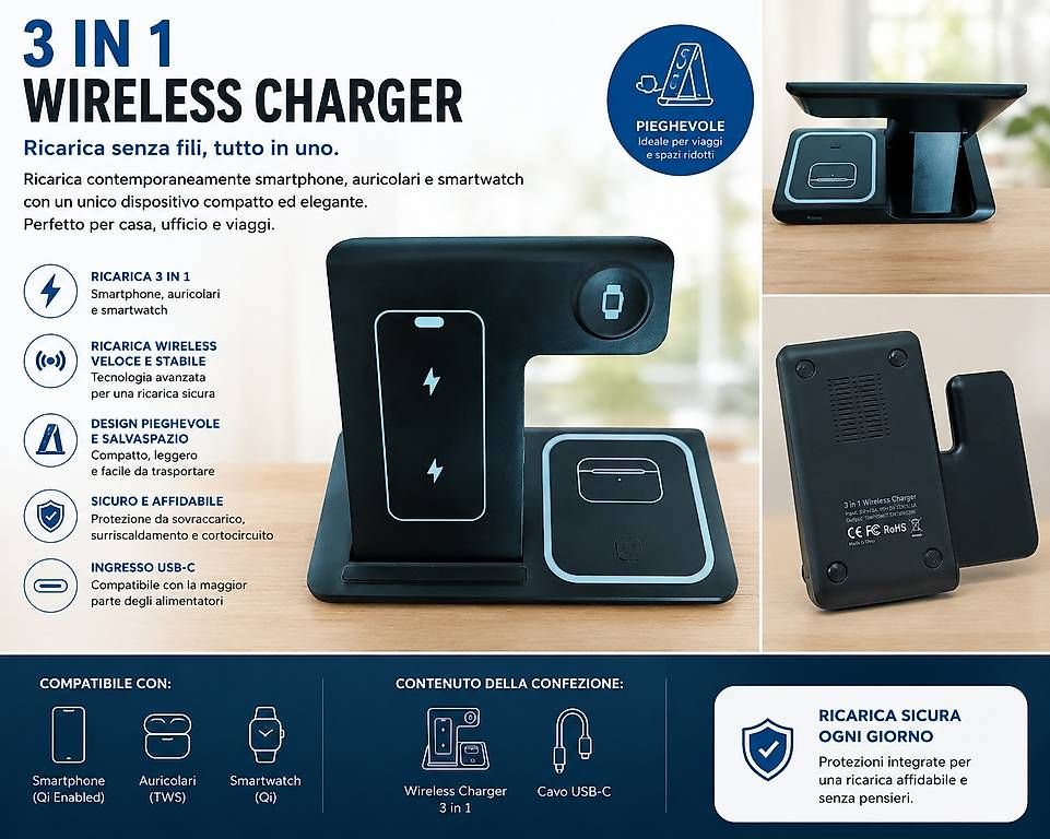 Caricabatterie: CARICATORE WIRELESS 3 IN 1 PIEGHEVOLE – Nuovo (secondo la descrizione) da Davesco-Soragno venduto da Mia_sii