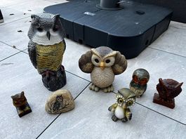 7 Eulenfiguren  Vintage Sammlung aus Keramik, Stein & Deko