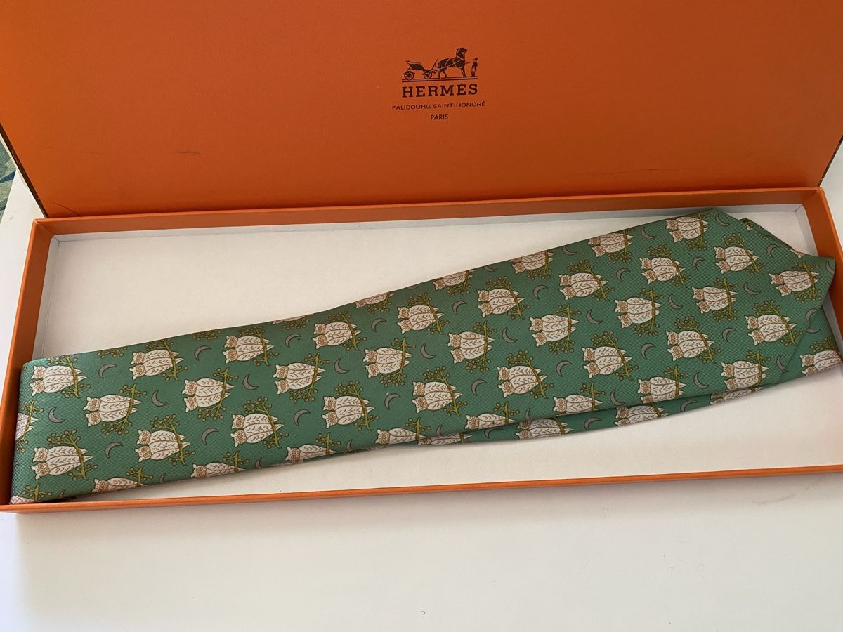 Hermès Cravatte: Cravate Hermès verte motifs hiboux – Nuovo e nell'imballaggio originale da Bouveret venduto da wes_7zll