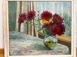 72x64/ E. Lohr/ handgemaltes Ölgemälde Blumen Stillleben