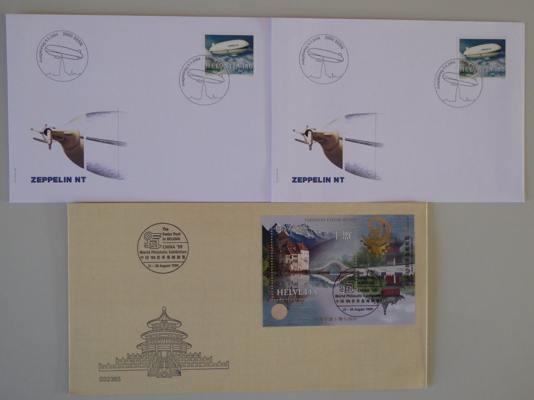 Tutti i francobolli: 3 Ersttagscouverts CH-China / Zeppelin 1999/2004 – Nuovo (secondo la descrizione) da Suhr venduto da martin1108