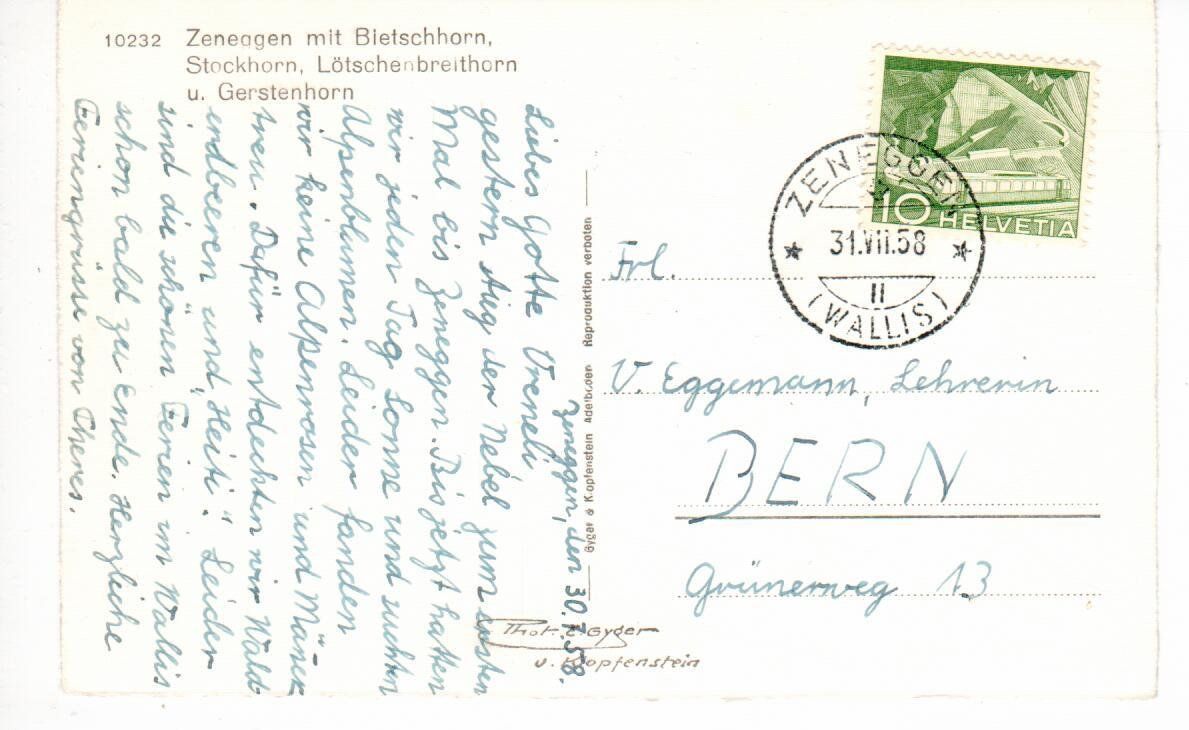 Cartoline postali: Zeneggen 1958 – Usato da Wolhusen venduto da Curver9 1
