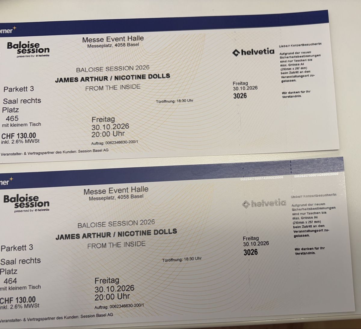 Biglietti: 2 Tickets Baloise Session - James Arthur 30.10.2026 Basel – Nuovo (secondo la descrizione) da Bottmingen venduto da Pitati
