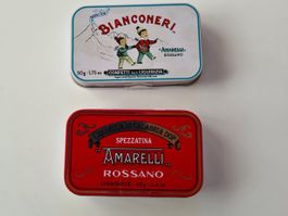 2 Lakritze Bonbon Dosen Amarelli Rossano, voll Verfall 2028