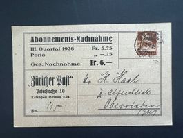 Alter Beleg Nachnahme Zürcher Post Abonnement 1926  (V444)