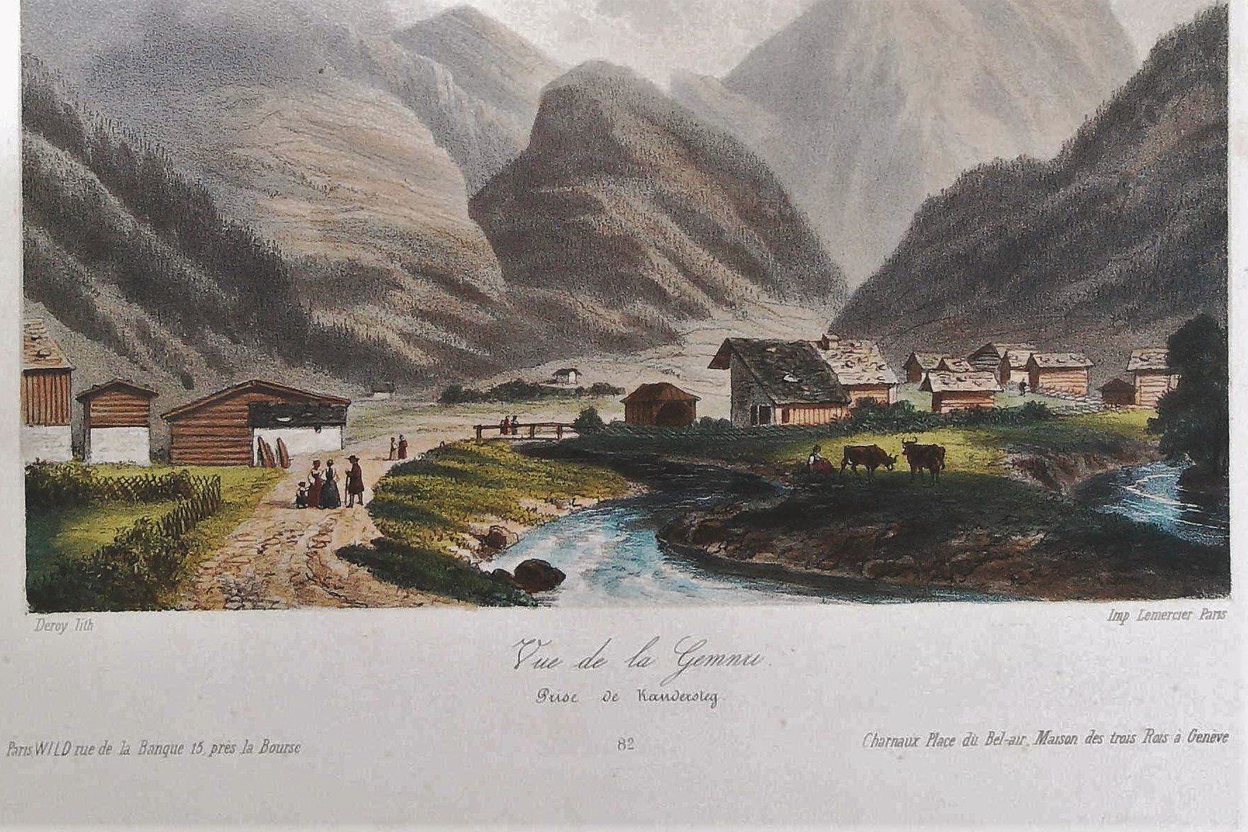 Stiche: Kandersteg Gemmi altkolorierte Lithographie von Deroy – Gebraucht aus Rafz von Helvet32 1