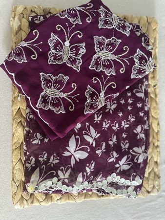 Schöner Sari mit Schmetterlingen Pailletten Seide Lila 2-tl