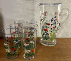 Wasserkrug und 6 Gläser handbemalt