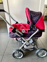 Puppenwagen aus Stoff, faltbar in dunkelblau und pink