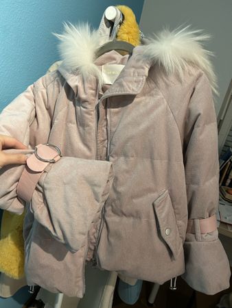 Pink Velvet Padded Coat with Fur Hood