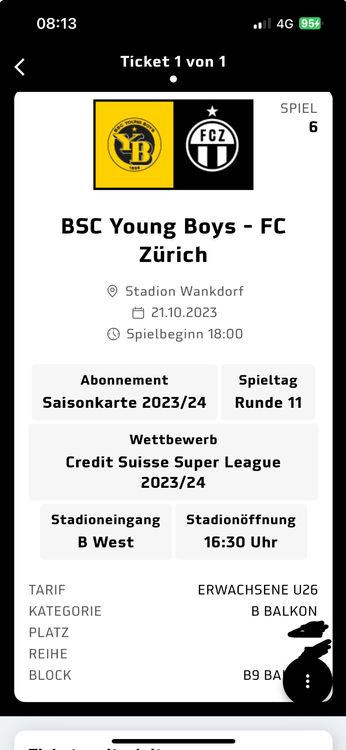BSC YB - FC Zürich 21.10.2023 - 2 Ticket B9 (Balkon) | Kaufen auf Ricardo