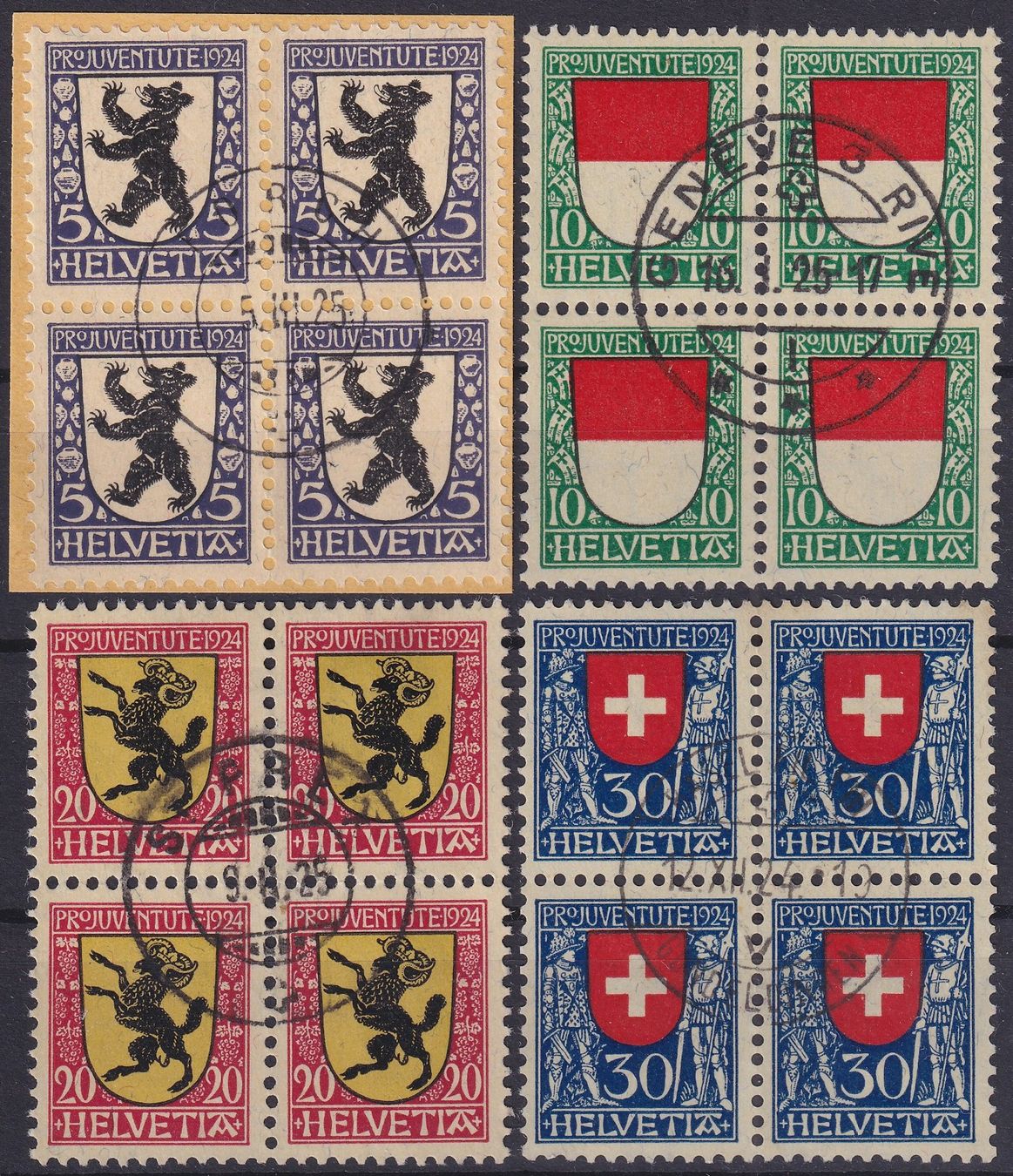Alle Briefmarken: PJ 1924 Viererblöcke gestempelt, Kat: 460.- – Gebraucht aus Ebikon von SilvioFreund