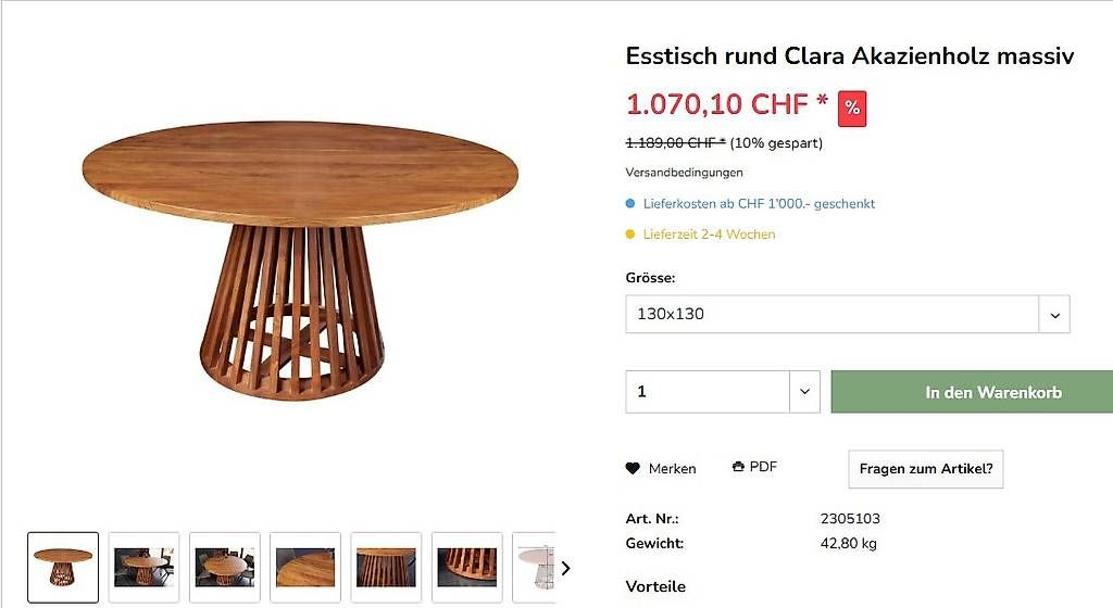 Tavoli: Esstisch rund - Akazienholz – Nuovo e nell'imballaggio originale da Winterthur venduto da aredo 4