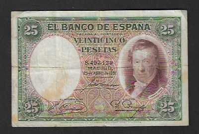 Banconote: Spanien   25  Pesetas  1931  Gebraucht – Usato da Gordola venduto da coinsandnotes