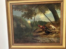 Tableau ancien XIXe siècle, Scène de basse-cour animée avec