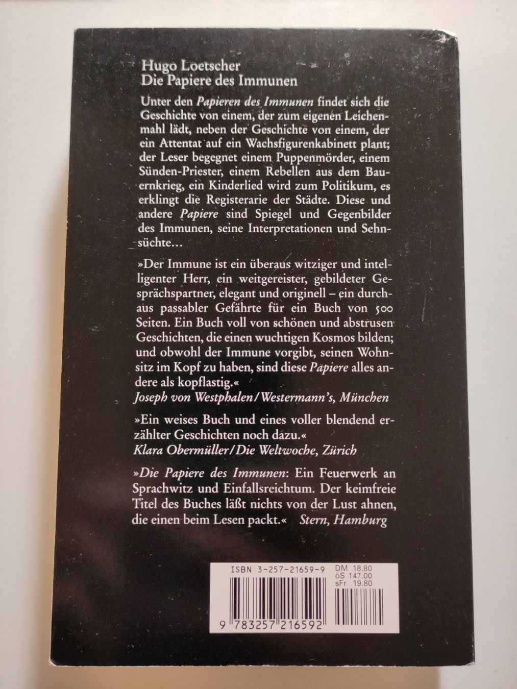 Libri: Die Papiere des Immunen - Hugo Loetscher – Usato da Bülach venduto da Tiefschlaflos 1
