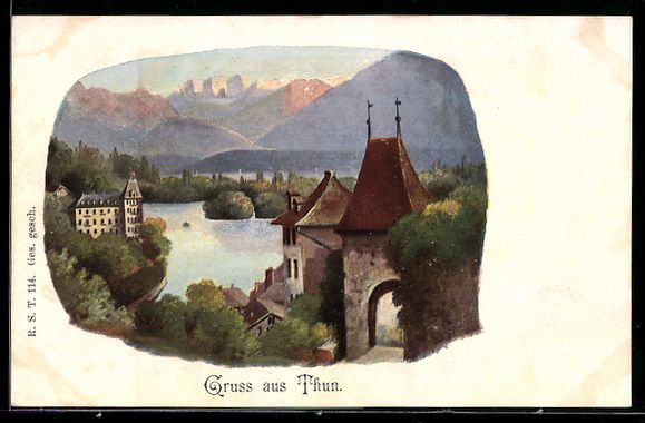 Cartoline postali: Lithographie Thun, Panorama mit Tor – Usato da Berlin venduto da bartko-reher
