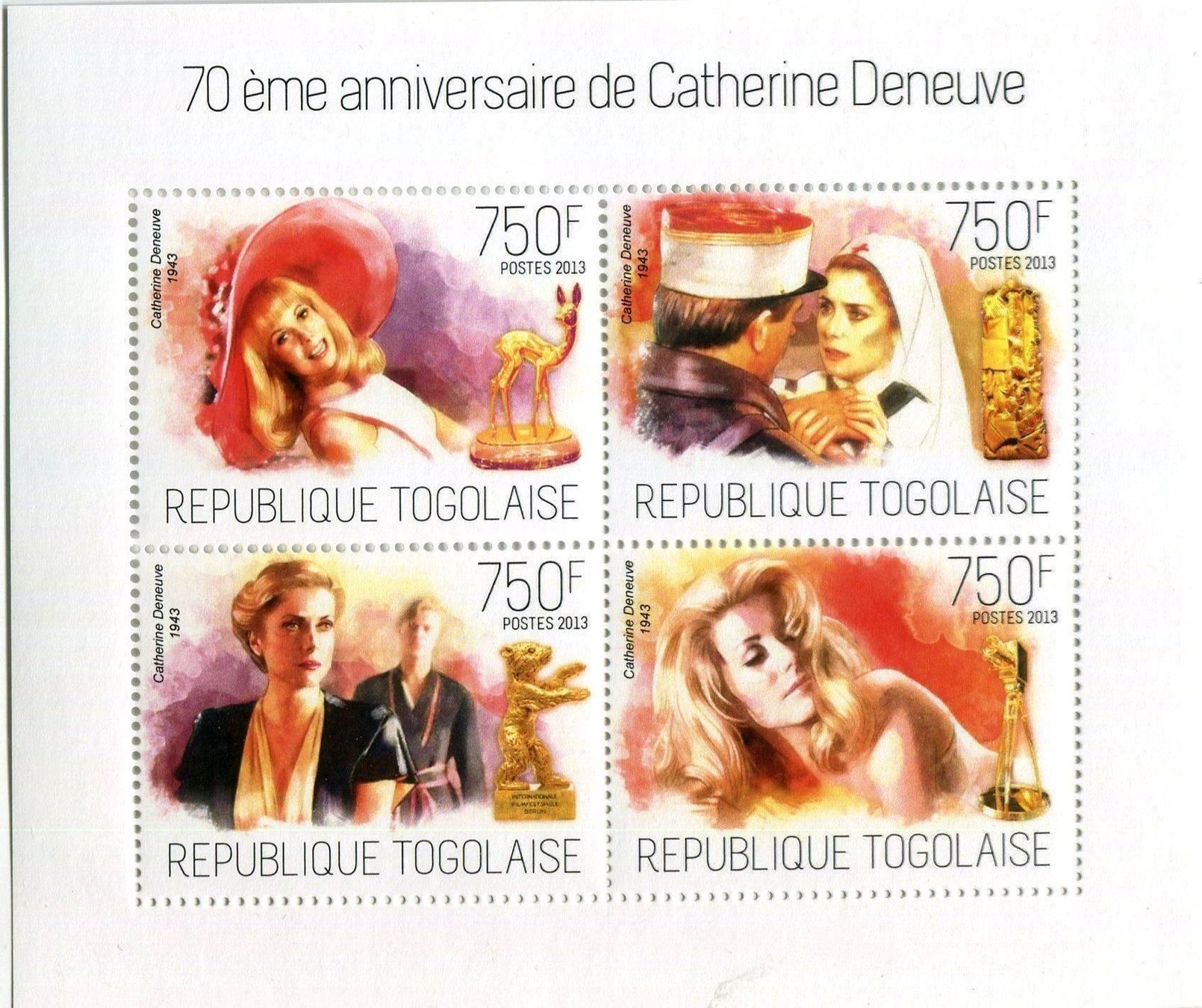 Alle Briefmarken: Block "Catherine Deneuve". Togo. – Neu und originalverpackt aus Basel von Butsch5