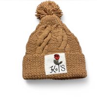 Warme, gestrickte Wintermuetze mit Rose-Applikation, Neu!