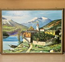 Peinture vintage représentant un village de montagne suisse