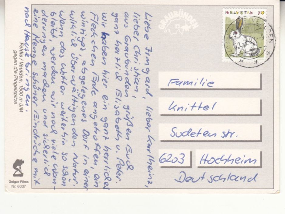 Ansichtskarten: Feldis 1992 – Gebraucht aus Bürglen TG von StampGraf 1